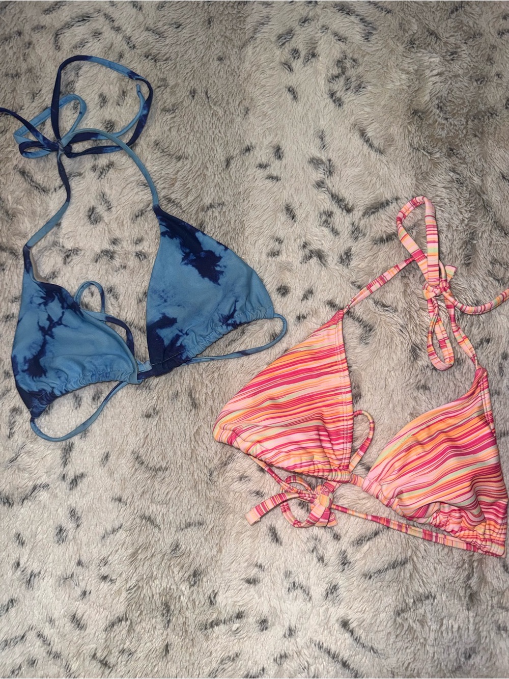 Blue Tie-Dye Triangle Bikini Top & Pink Multi-Stripe Triangle Bikini Top